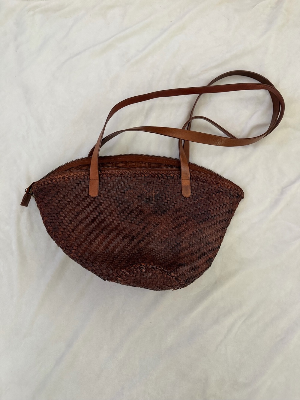 St Agni Woven Brown Leather-Trim Crossbody Bag